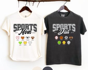 Comfort Colors Matching Sports Mom Shirt and Sports Dad Shirt, Custom Name Year Est, Personalized Gifts for Parents, Sport Balls and Hearts