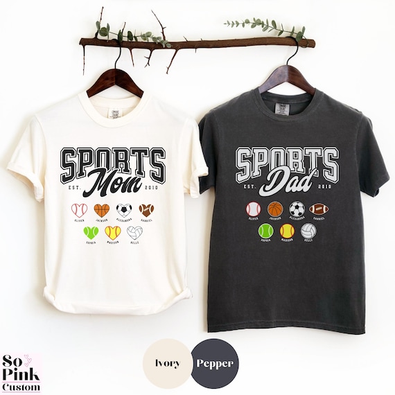 Comfort Colors Matching Sports Mom Shirt and Sports Dad Shirt, Custom Name Year Est, Personalized Gifts for Parents, Sport Balls and Hearts
