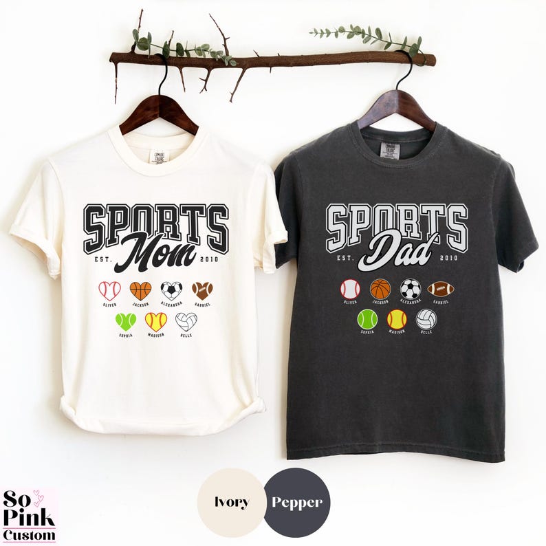 Matching Comfort Colors® Sports Mom and Sports Dad Shirts for Sports Player Parents. Personalized with Names and Year Est