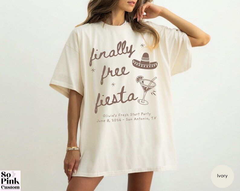 Matching Divorce Party Comfort Colors Shirts, Finally Free Fiesta  - Freedom Fiesta Crew, in a handwritten font with mexican hat, margarita cocktail, doodle stars and personalized with name and party details