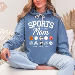 Multiple Sports Mom Hooded Sweatshirt with various sports ball icons, year established and kids names, mixture of college and cursive fonts