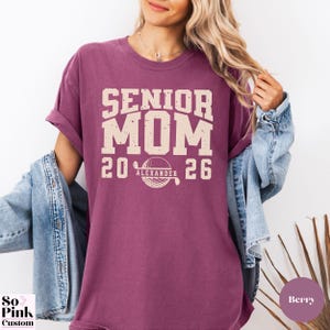 Comfort Colors Senior Golf Mom Shirt Personalized with Name and Year, bold collegiate font with golf ball monogram, distressed graphic