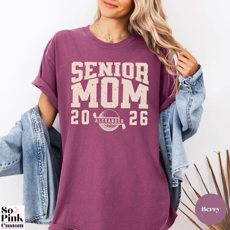 Comfort Colors Senior Golf Mom Shirt Personalized with Name and Year, bold collegiate font with golf ball monogram, distressed graphic