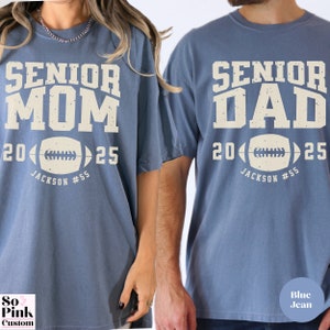Matching Comfort Colors® Senior Mom and Senior Dad Football Shirts for Graduate Parents Class of 2025 Personalized with Player Name and Number