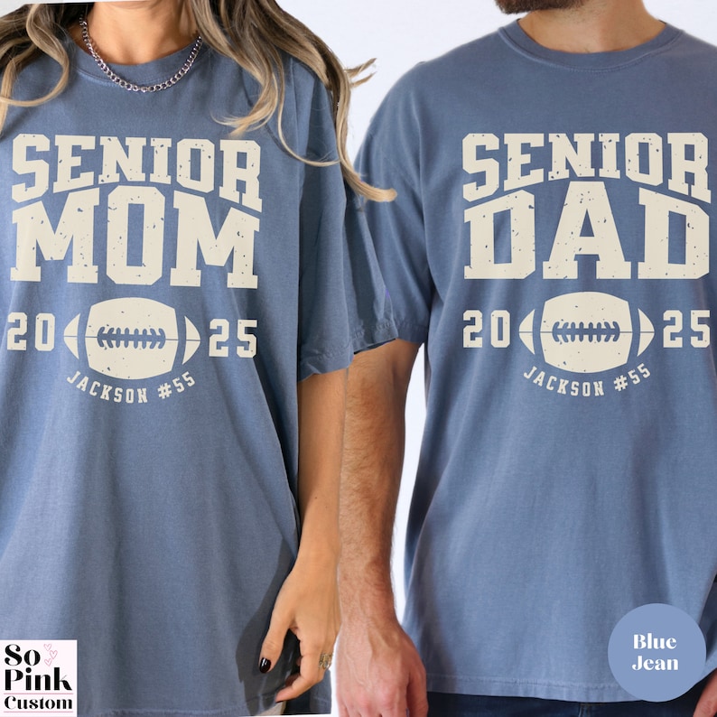 Matching Comfort Colors® Senior Mom and Senior Dad Football Shirts for Graduate Parents Class of 2025 Personalized with Player Name and Number