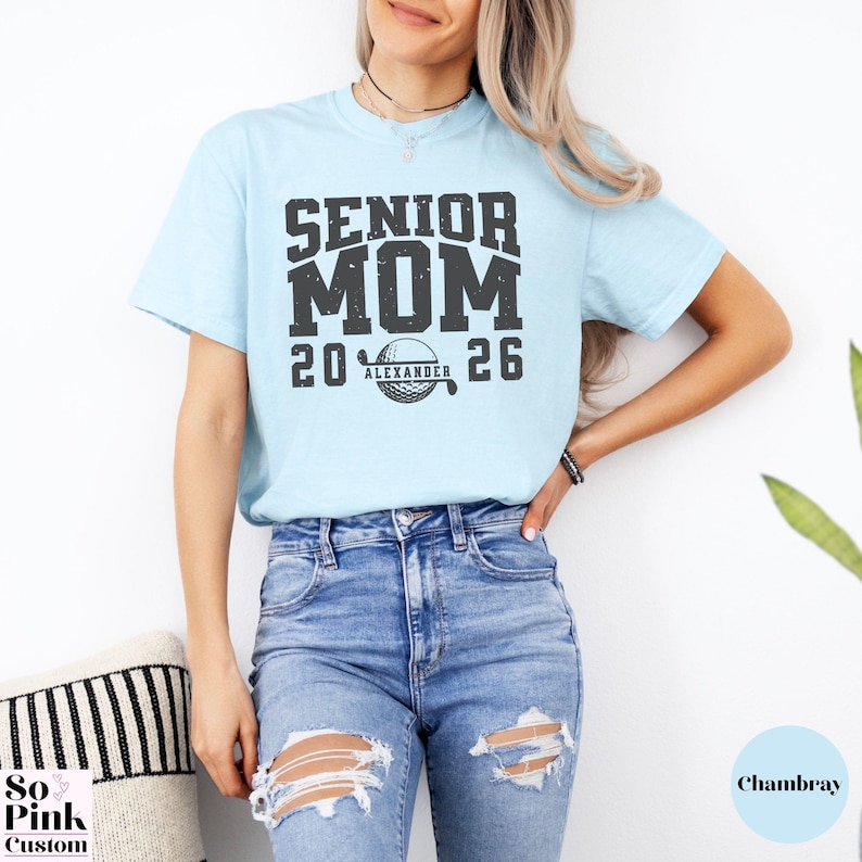 Comfort Colors Senior Golf Mom Shirt Personalized with Name and Year, bold collegiate font with golf ball monogram, distressed graphic