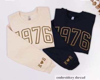 Embroidered Golden Wedding Anniversary Sweatshirts, 50th Wedding Anniversary Gift for Parents, 1976 Custom Initials on Sleeves Couples Gift