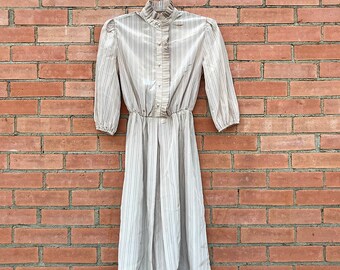 Vintage 1970’s Champagne Striped Mock Neck Prairie Dress | xxs xs