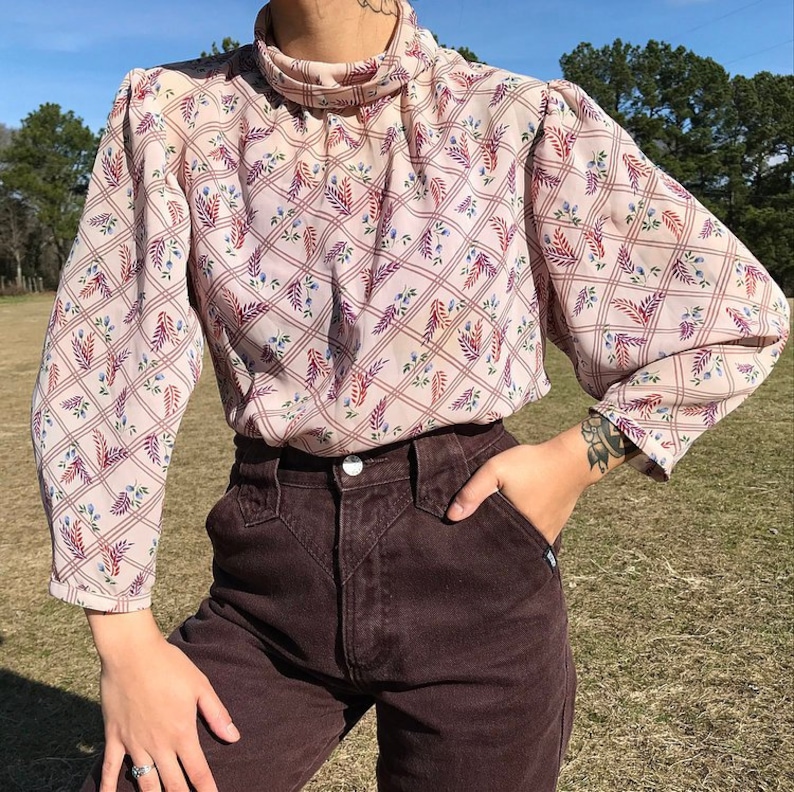 Vintage 1960\u2019s Mock Neck Fern Pattern Blouse xs small