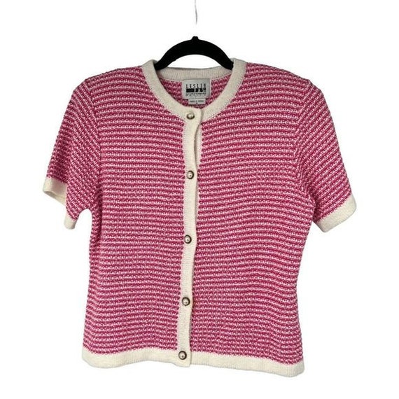 Vintage Leslie Fay Pink White Knit Short Sleeve B… - image 1