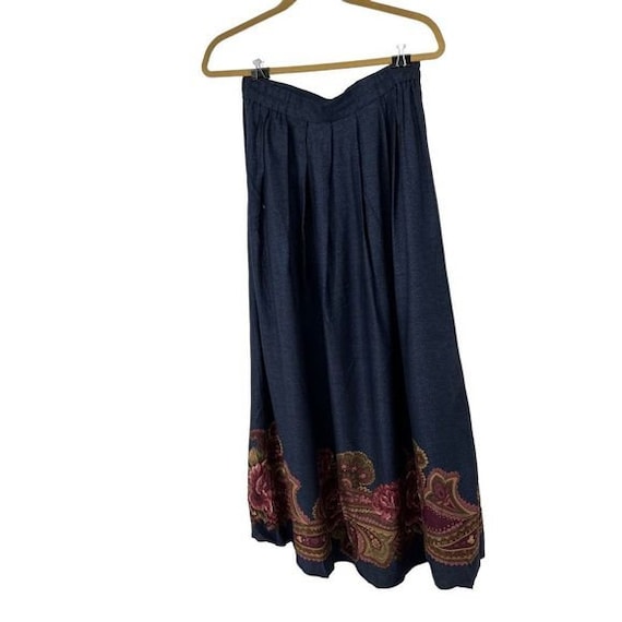 Vintage Denim Blue Paisley Floral Midi Skirt.