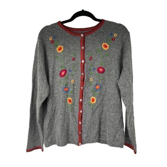 Vintage Heather Gray Floral Embroidered Dark Red … - image 1