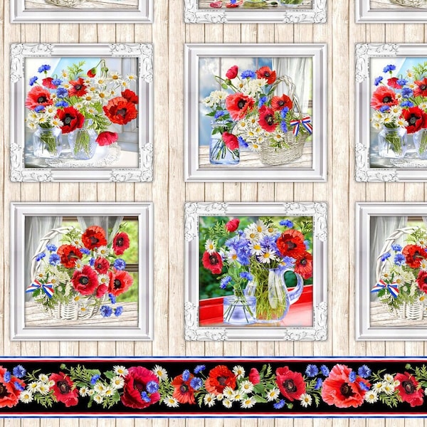 Patriotic Poppy Baskets Cream Quilt Cotton Fabric Panel from Summer Wildflowers - Michael Miller - DCX11769-CREM - 24”x44" Cotton Panel