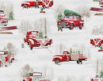 Tessuto di cotone con motivo di camioncini rossi "Tailgate Traditions" - Henry Glass Fabrics #2573-86 - Mezza metratura continua da 1/2 iarda