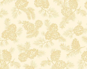 May include: A seamless pattern featuring a repeating design of pine cones and branches in a light gold color on a cream background.