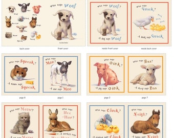 Puede incluir: Un panel de tela color crema con ilustraciones de animales y el texto "¿Quién dice..." y el sonido del animal. El panel de tela es para un proyecto de creación de libros. El panel está etiquetado como "7300 Crema".