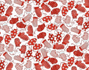 White/Red Mittens Quilt Cotton Fabric from Bundle Up by Barb Tourtillotte for Henry Glass & Co - #Q-822-08 - Continuous 1/2 Yard