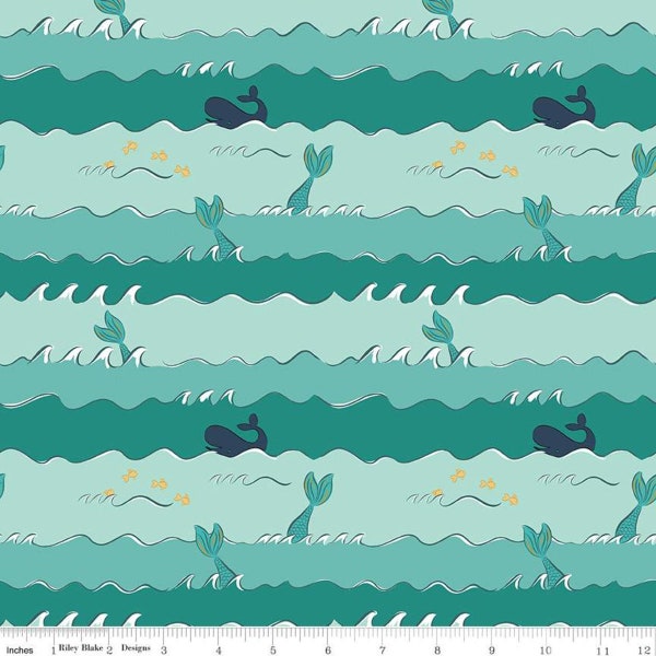 Ocean Waves Seafoam with Gold Metallic Sparkle - Ahoy! Mermaids - Melissa Mortenson - Riley Blake - SC1034-SEAFOAM - Continuous 1/2 Yard