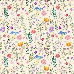 Könnte beinhalten: Ein nahtloses Muster mit verschiedenen bunten Wildblumen, darunter orangefarbene Mohnblumen, violette Glockenblumen, rosa Gänseblümchen und blaue Vergissmeinnicht. Die Blumen sind auf einem cremefarbenen Hintergrund mit kleinen grünen Blättern und Stielen angeordnet.