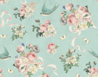 Riley Blake Fat Quarter Song Bird Flowers In Blue Cotton Quilting Fabric