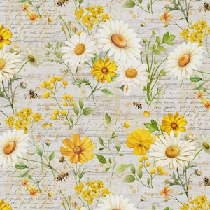 Könnte beinhalten: Ein Blumenmuster mit Gänseblümchen, gelben Blumen und Bienen auf einem hellgrauen Hintergrund mit Holzmaserung. Das Design enthält handgeschriebene Schrift und erzeugt ein Vintage-Botanisches Thema. Die Blumen sind in voller Blüte.
