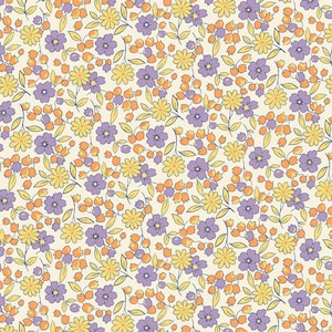 Peut inclure: Un motif sans couture avec un motif répétitif de petites fleurs jaunes et violettes sur un fond crème.