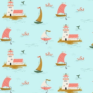 May include: A seamless pattern featuring a repeating design of lighthouses, sailboats, and sea creatures on a light blue background.