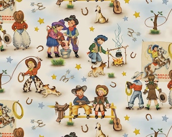 May include: A repeating pattern with vintage illustrations of cowboys and cowgirls. The design includes children, horses, dogs, campfires, guitars, and rodeo scenes, set against a light blue sky with stars and horseshoes.