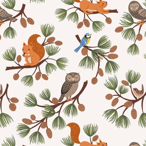 Pine Cone Branches with Squirrels and Owls on Cream Quilting Cotton Fabric from Evergreen for Lewis & Irene - #A691.1 - Continuous 1/2 Yard