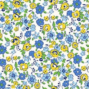 May include: A seamless pattern featuring a repeating floral design. The pattern showcases small, stylized flowers in shades of yellow and blue, interspersed with green leaves, set against a white background. The design is dense and detailed, creating a visually rich texture.