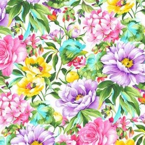 Op de afbeelding: Een naadloos patroon met verschillende kleurrijke bloemen, waaronder roze, paars, geel en blauw, op een witte achtergrond. De bloemen zijn in een willekeurig patroon gerangschikt en omgeven door groene bladeren.
