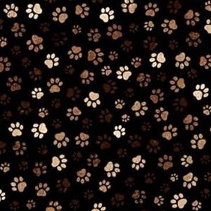 May include: Black fabric with a repeating pattern of brown and beige paw prints.