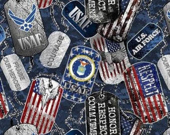 US AIR FORCE Military Dog Tags Quilting Cotton Fabric from Sykel Enterprises - 1254AF-X - Continuous 1/2 Yard