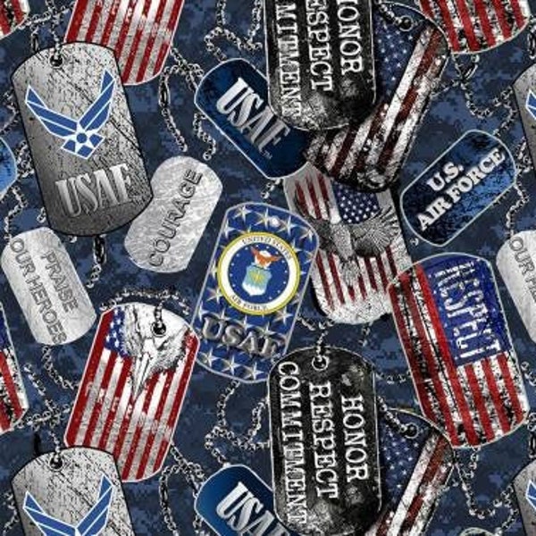 US AIR FORCE Military Dog Tags Quilting Cotton Fabric from Sykel Enterprises - 1254AF-X - Continuous 1/2 Yard