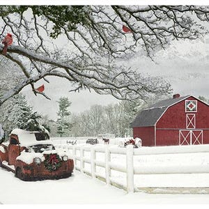 May include: A snowy winter landscape with a red barn and a vintage red truck decorated with a wreath. Cardinals are perched on snow-covered branches. A white fence leads to the barn, with a snowy mountain in the background.