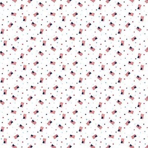 May include: White fabric featuring a repeating pattern of miniature American flags and scattered blue and black dots. The flags are red, white, and blue, creating a patriotic design. Suitable for craft projects.