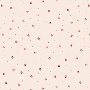 May include: Cream-colored fabric with a repeating pattern of small red flowers and tiny gold dots. The fabric has a delicate, floral design, suitable for quilting or crafting projects. The image includes a ruler along the bottom edge, showing measurements in inches.