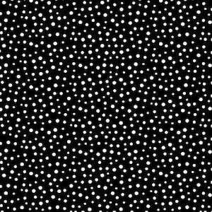 Pode incluir: Padrão de bolinhas em preto e branco. O design apresenta um fundo preto com círculos brancos de tamanhos variados. As bolinhas são distribuídas aleatoriamente, criando um padrão visualmente texturizado.