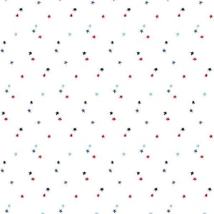 May include: White fabric with a repeating pattern of small red, blue, and light blue stars.