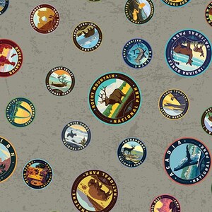 National Parks Emblems Cotton Fabric - Riley Blake #CD13292-GRAY - Continuous 1/2 Yard