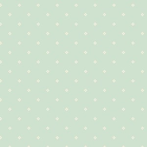 Pode incluir: Um tecido verde claro com um padrão repetitivo de pequenos losangos brancos sujos. Uma régua ao longo da borda inferior é marcada em polegadas. O tecido é da Riley Blake Designs.