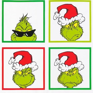 Grinch Face Christmas Quilt Cotton Fabric Pillow Panel by Dr Seuss Enterprises for Robert Kaufman #ADE20993223 - 24&quot; x 43&quot; Fabric Panel