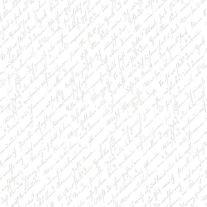 Puede incluir: Tela blanca con un patrón repetido de escritura cursiva en color gris claro. La escritura cubre toda la superficie, creando una apariencia texturizada. Adecuado para varios proyectos de manualidades.