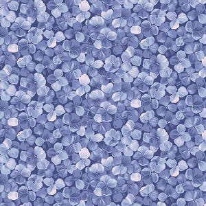 May include: A fabric with a dense pattern of blue and light blue hydrangea flowers. The flowers are tightly packed together, creating a textured appearance. The background is a darker shade of blue, providing contrast.