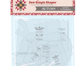 May include: A clear plastic package containing quilting templates. The package has a red and floral patterned border with the text "Sew Simple Shapes" and "Autumn". Includes 63 templates. The templates are various shapes and sizes.