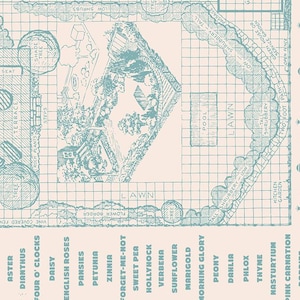 May include: A light pink and blue floral garden design fabric. The design includes a garden layout with labeled areas, flowers, and the text "A Flower Gardener's Best Friend". The fabric is 12 inches wide.