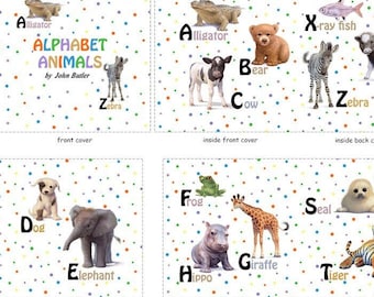 May include: A children's book titled "Alphabet Animals" by John Butler. The book features colorful illustrations of animals, each paired with a letter of the alphabet. The cover and pages are visible, showcasing various animals like a bear, zebra, and panda.
