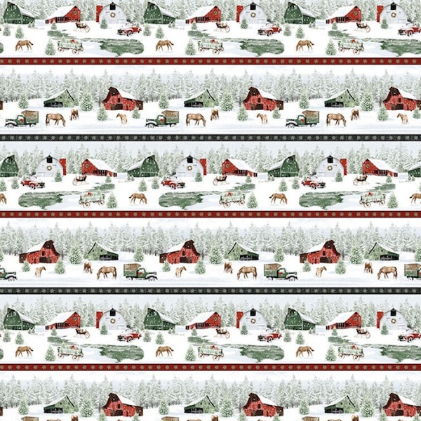 Farm Scenic Stripe Quilt Cotton Fabric from Holiday Spirit by Jan Shade Beach - Henry Glass & Co Fabrics - #720-86 RED - Continuous 1/2 Yard