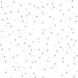 Pode incluir: Tecido branco com um padrão repetitivo de pequenos pontos vermelhos e dourados.