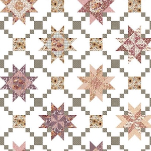 Könnte beinhalten: Ein Patchwork-Quilt mit einem sich wiederholenden Muster aus Sternformen in Rosa-, Beige- und Lilatönen. Die Sterne sind vor einem weißen Hintergrund mit einem Gitter aus kleinen braunen Quadraten angeordnet. Der Quilt hat eine Vintage- und handwerkliche Ästhetik.